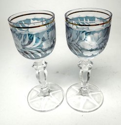 Pair Of Beautiful Etched Blue Floral Crystal Dessert Cocktail Glasses