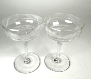 Pair Of Elegant Etched French Style Champagne Crystal Glasses