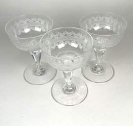 Set Of 3 Vintage French Style Etched Champagne Glasses