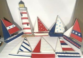 Lot Of Patriotic Nautical Wood Cut Outs Including Sailboats And A Light House