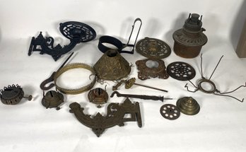Antique Lot Of Lamp Parts And Wall Sconces, Mostly Cast Iron And Brass