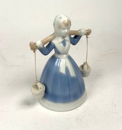 Vintage Bell Shaped Porcelain Woman Carrying Water Figural Blue Delft Theme