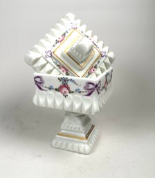 Vintage Milk Glass Square Lidded Hand Painted Pedestal Trinket Dish
