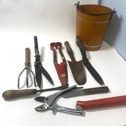 Lot Of Various Hand Garden Tools And A Vintage Bucket With Iron Handle