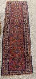 Antique Small Persian Gharadjeh Runner Rug, Hand Woven Red And Blue Rug