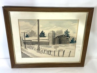 Watercolor Painting Of A Barn And Silo In Winter, Framed And Matted.