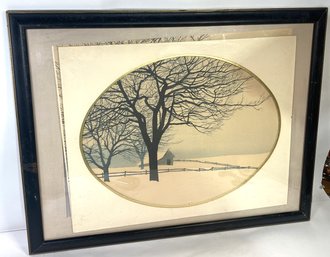 Framed Painting Of A Tree With A Barn In The Backround