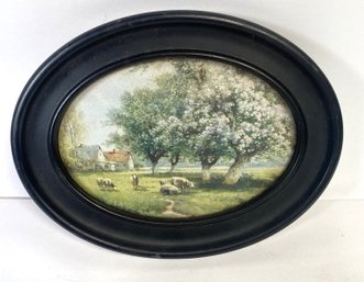 Antique Oval Print Of Sheep In Black Frame