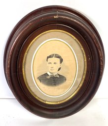 Antique Portrait Of A Woman In A Oval Frame With Gold Trim