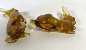 Pair Of Amber Glass Bunny Rabbits.