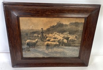 Antique Woman With Sheep Print In Oak Frame