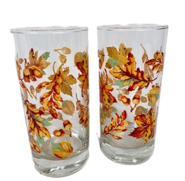 Pair Of Autumn Leaf & Acorn Themed Tall Drinking Glasses