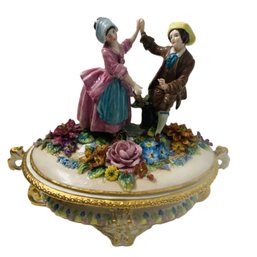 Early Capodimonte Large German Porcelain Lidded Dish With Dancing Couple