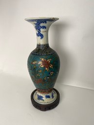 Antique Chinese Export Vase With Stand (poorly Repaired)