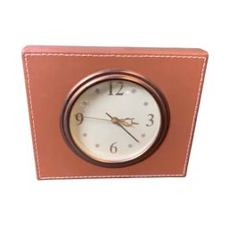 Vintage Retro Pottery Barn Leather Style Sewn Alarm Desk Clock Tan Untested