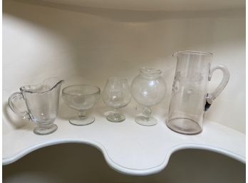 Lot Of 5 Etched Glass And Clear Glass Items, Including Pitchers