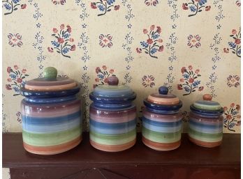 Set Of 4 Colormate 'rotunda' Hand Painted Lidded Ceramic Canisters