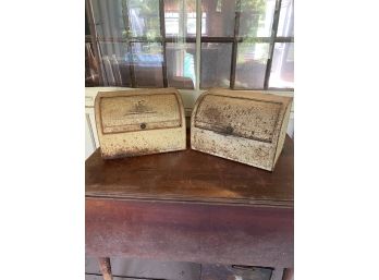 Pair Of Metal Tin Bread Boxes With Sliding Doors