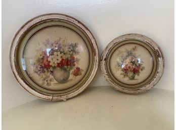 Pair Of Antique Round Framed Floral Still Life Artwork Prints By M. Black