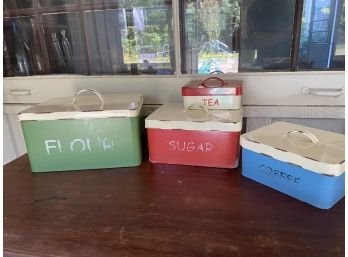 Great Set Of Vintage Metal Lidded Storage Kitchen Canisters: Flour, Sugar, Coffee, & Tea