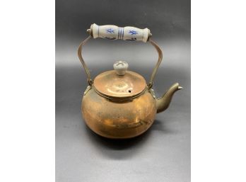 Vintage Copper Tea Pot Tea Kettle With Ceramic Blue & White Handle