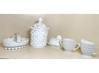 Large Lot Of Antique To Vintage Milk Glass, Including Lidded Canister, Covered Butter Dish, Creamer, And More!