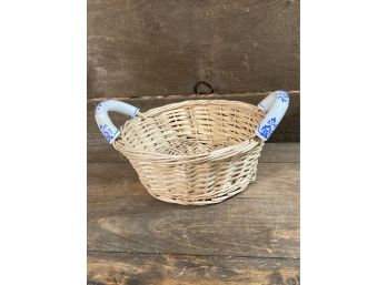 Cute Wicker Basket With Blu And White Ceramic Handles