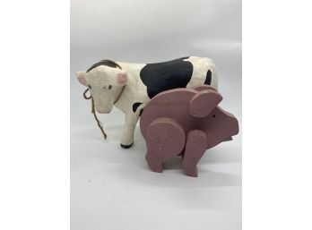 Paper Mache Cow And Wooden Pig - Great Farm Decor