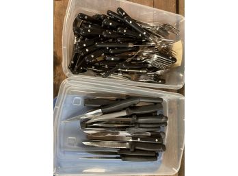 2 Bins Of Stainless Steel Black Utensils