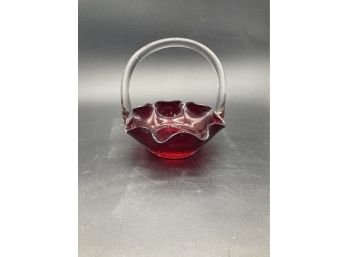 Ruby Red Handled Glass Trinket Or Candy Bowl