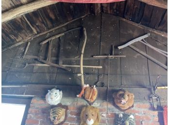 Wall Full Of Antique Tools, Includes Saws, Scythes Pitch Forks, Auger Drill And More.