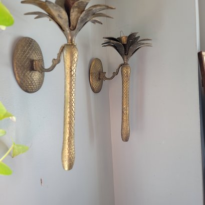 Pineapple Palm Ornate Vintage Brass Wall Sconces, Pair