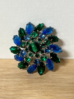 Vintage Juliana Blue Green Rhinestones Domed Flower High End Brooch Pin
