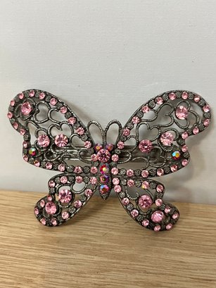 Large Pink Rhinestone Butterfly Barrette