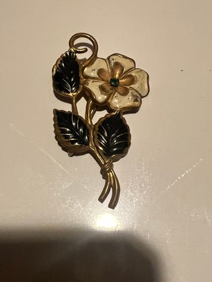 Vintage Floral Brooch, Pressed Metal Flower With Enamel And Rhinestone Brooch