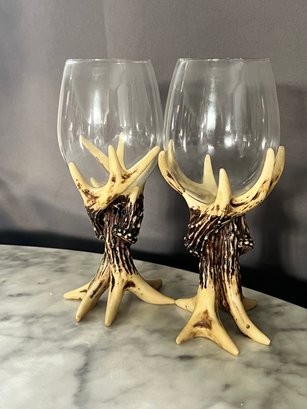Pair Of Deer Antler Wine Glasses