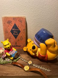 Winnie The Pooh Bear Book Piggy Bank Clock And Two Watches