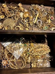 Vintage Wooden Chest Filled With Gold Toned Jewlery