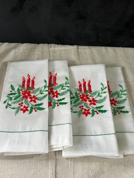 Set Of Four Vintage Embroidered Poinsettia Candles Dinner Napkins