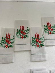 Set Of Four Vintage Embroidered Poinsettia Candles Dinner Napkins