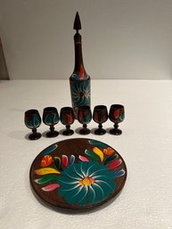 Vintage Wooden Sake Decanter Glasses Tray Set Tole Hand Painted