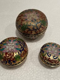 3 Nesting Dish Cloisonn Enamel Round Multi Color Vintage