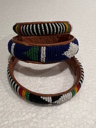 Lot Of Three Native Style Beaded Leather Bracelets