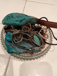 Glass Bowl With Assorted Jewelry And Watches