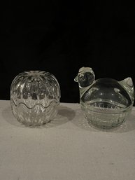 Glass Hen Basket And Glass Jar