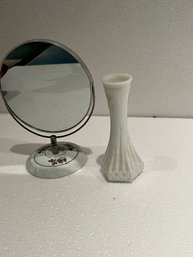 Hoosier Glass Vase And Vintage Porcelain Hand Painted Make Up Mirror