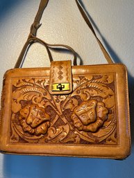 Vintage Tooled Leather Shoulder Bag With Adjustable Strap