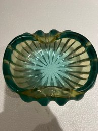 Vtg Hand Blown Heavy Italian Art Glass Bowl Teal Aqua Blue Honey Gold