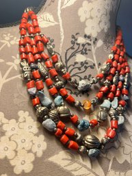 Gorgeous Multi Strand Necklace With Coral Like Beads Southwestern