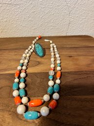 Turquoise And Coral Color Necklace And Ring Set Marked Japan